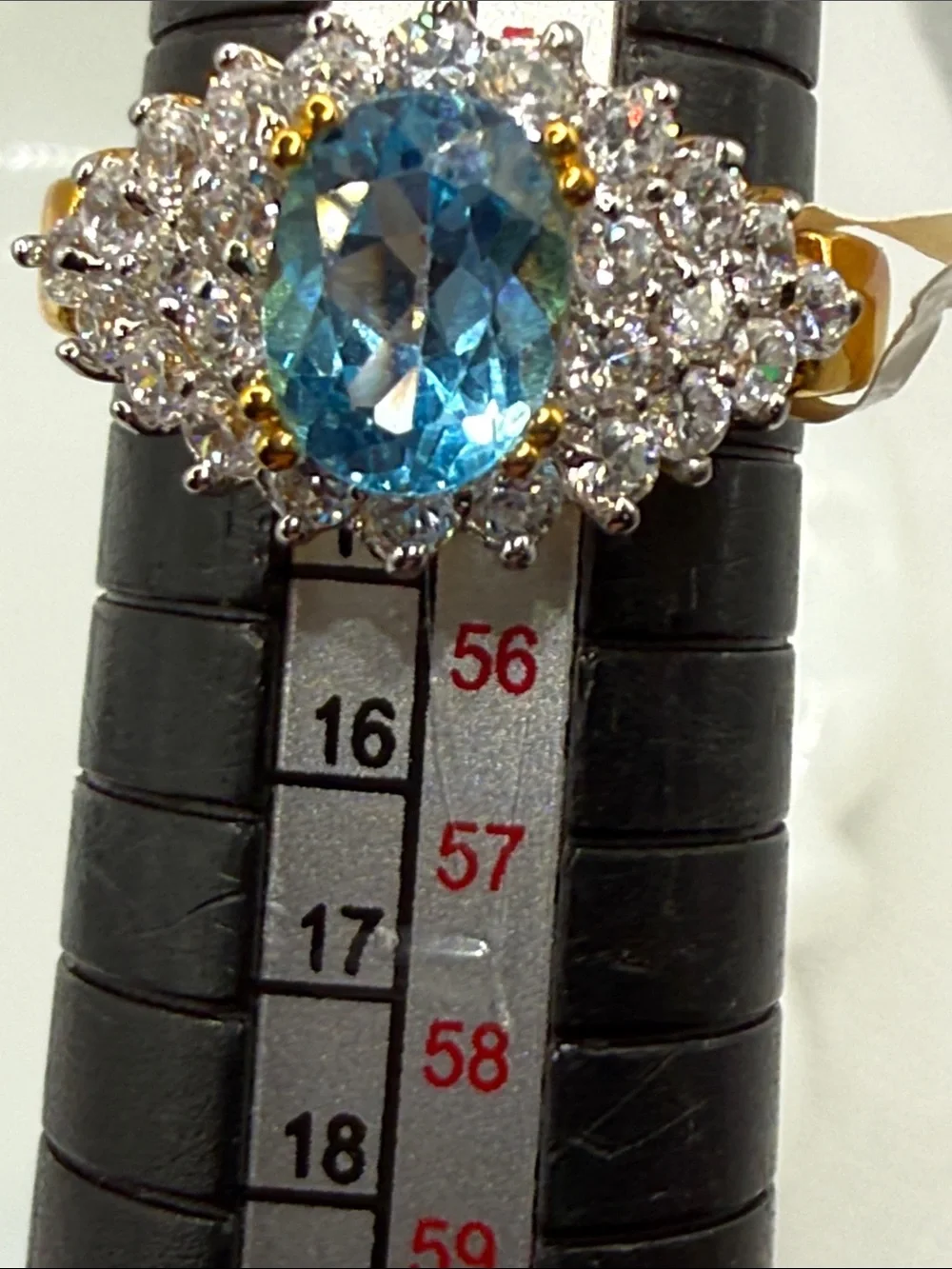 Vintage Blue Topaz Halo Cocktail Ring with Clear Accent CZ Stones plated piece